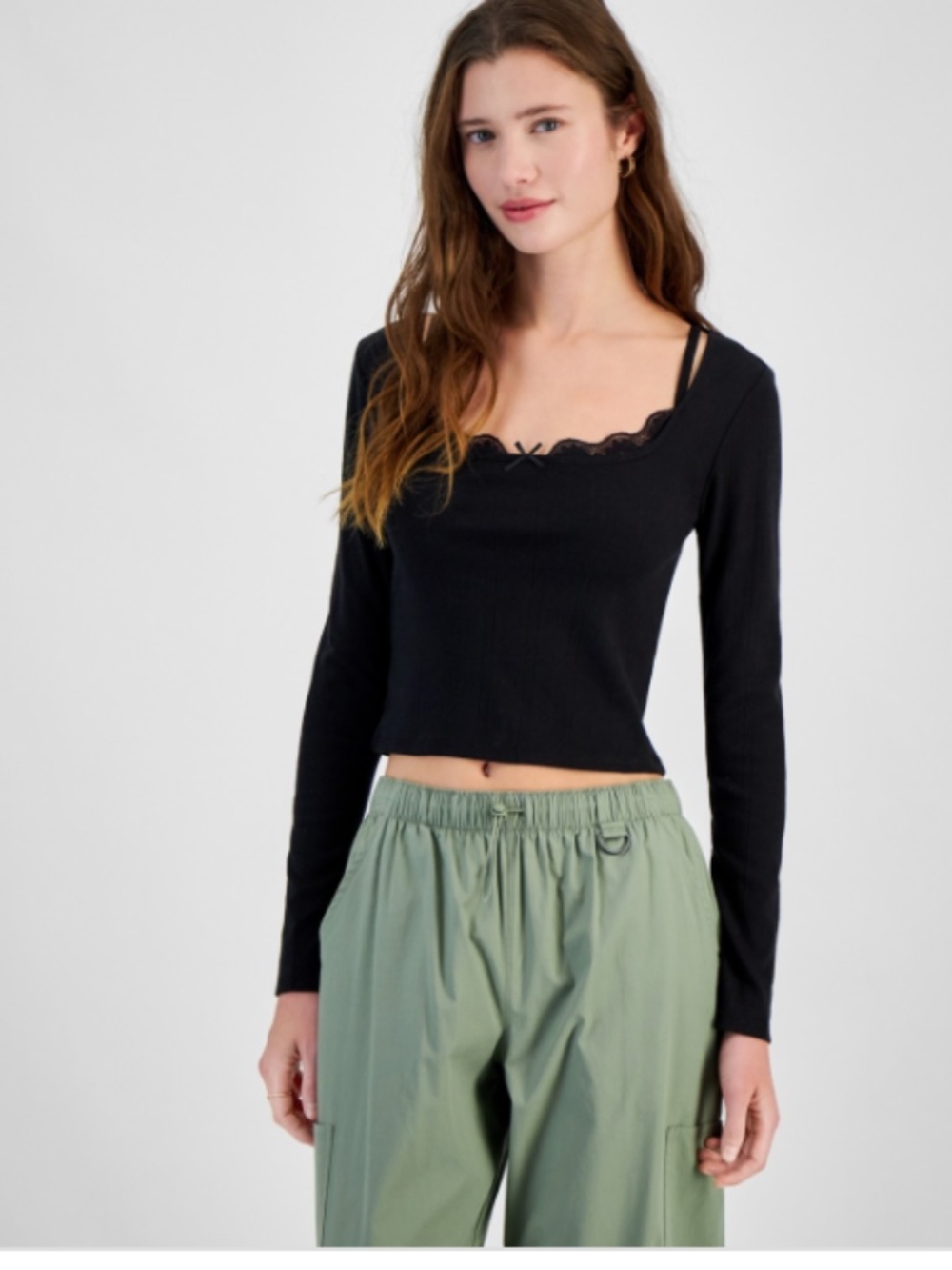 Sugar Moon Juniors' Layered-Look Pointelle Knit Top - Black SIZE L NWT